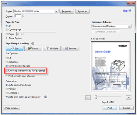 Select Choose paper source by PDF page size.