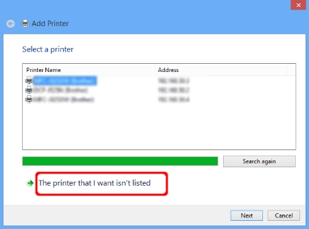 Přidat tiskárnu – požadovaná tiskárna není uvedena