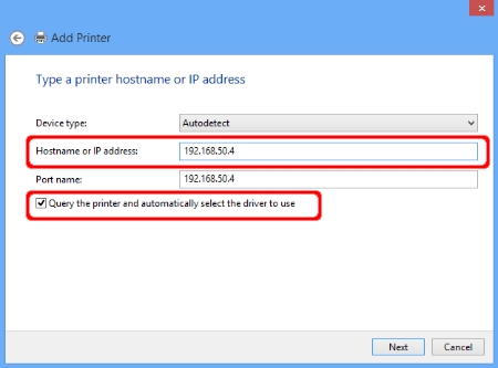 Agregar impresora: Nombre de host o dirección IP