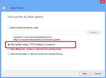 Add Printer - Add a printer using a TCP/IP address or hostname