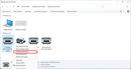 Right-click your Brother machine and select Printing preferences.
