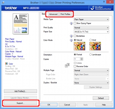 Check if there is an Advanced tab or Support button in the Printing preferences dialog box.