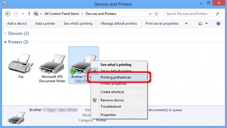 Right-click your Brother machine and choose Printing preferences.
