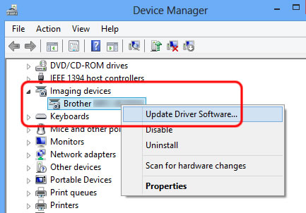 Натиснете Imaging devices. Щракнете с десния бутон на мишката върху вашата машина Brother и изберете софтуер за актуализиране на драйвера.