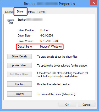 Click Driver tab and check Digital Signer.