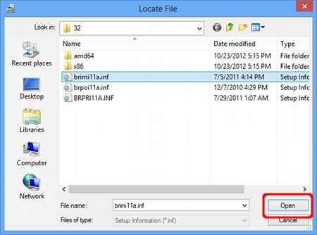 Выберите папку, в которую был распакован загруженный файл в шаге 1, а затем выберите файл с расширением INF "brxxxx.inf". Нажмите Открыть (Open).