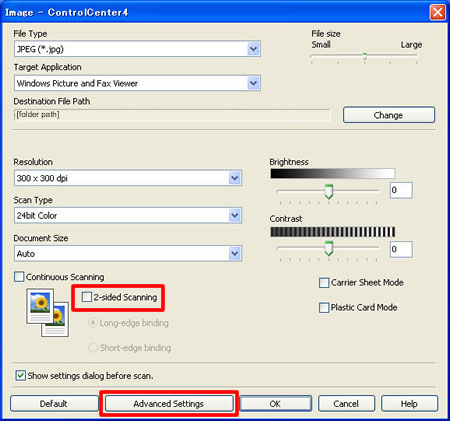 Uncheck the 2-sided Scanning box and click Advanced Settings