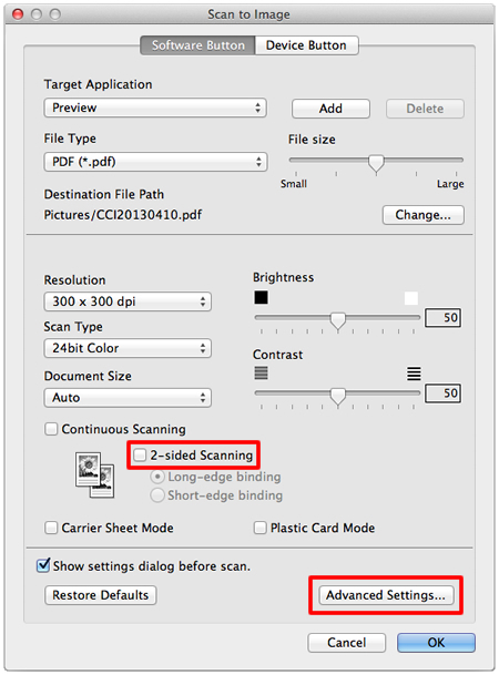 Uncheck the 2-sided Scanning box and click Advanced Settings