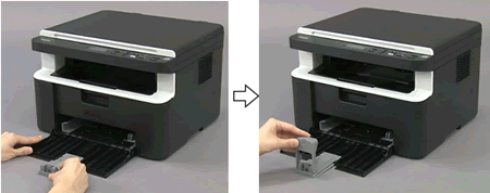 Adjust the paper guide, and then install the A5 paper tray part. Adjust the paper guide, and then install the A5 paper tray part.