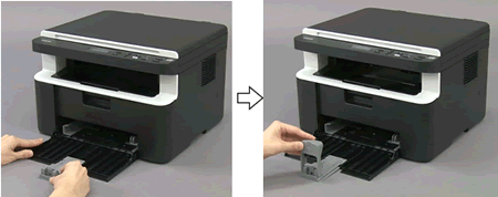 Adjust the paper guide, and then install the A5 paper tray part.