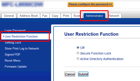 Choose User Restriction function on Web Based Management.