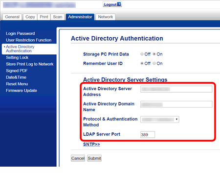 Configure Active Directory settings using Web Based Management