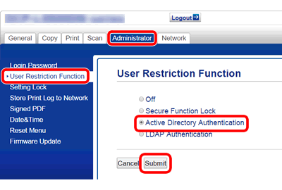 Enable Active Directory Authentication settings using Web Based Management