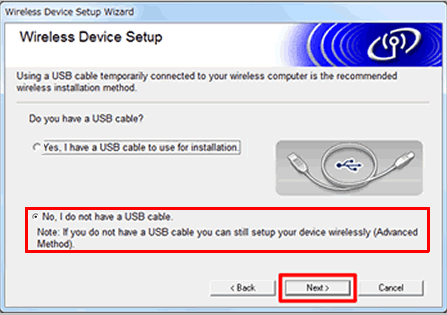 Wireless Device Setup screen