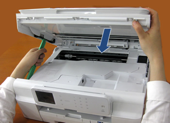 Hold tip of scanner cover support, and lower scanner cover