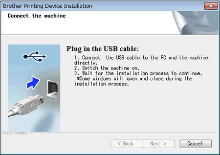 Beim Installieren der Brother Software stoppt die Installationsroutine an  dem Punkt wo ich aufgefordert werde, das Kabel anzuschliessen (Windows). |  Brother
