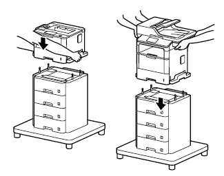 Lift your machine, align the bracket holes with the four pins on the Tower Tray Unit, and carefully lower the machine into place.