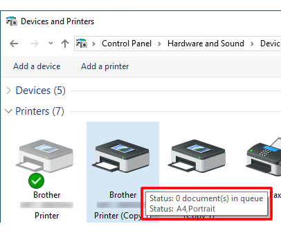 Hover the cursor over the printer icon until the printer status pop-up appears