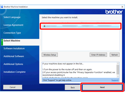 Select your Brother machine from the list, and then click Next