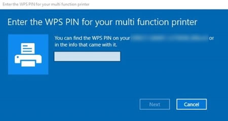 Screen requesting a WPS PIN to complete the setup