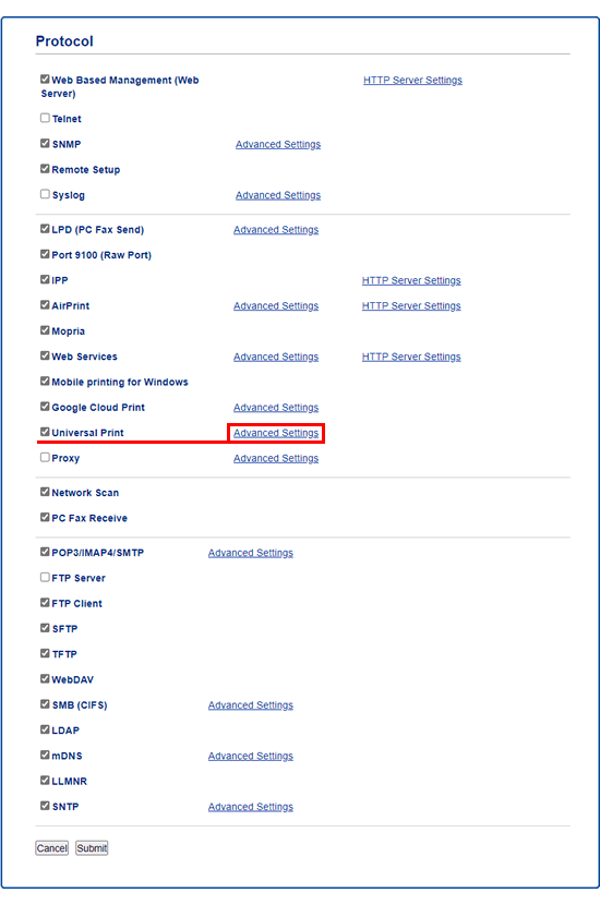 Click Universal Print Advanced Settings next to Universal Print