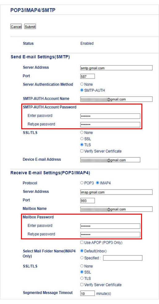 Campo POP3/IMAP/SMTP