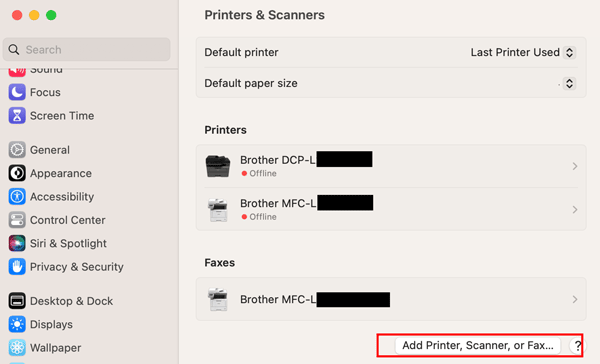 Printers & Scanners menu on Mac OS