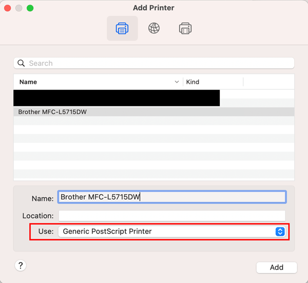 Add Printer menu on mac OS