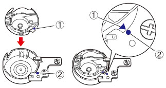 Insert the bobbin case so that the mark on the bobbin case aligns with the mark on machine.