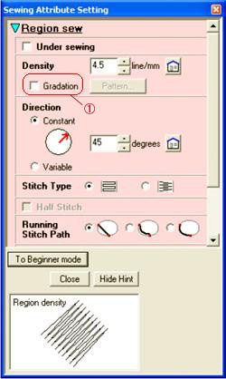 you select the Gradation check box in Expert mode of the Region sewing attribute dialog box in Design Center