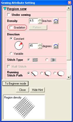 In Expert mode of the Sewing Attribute Setting dialog box, select the Gradation check box under Region sew.