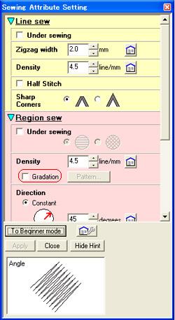 In Expert mode of the Sewing Attribute Setting dialog box, select the Gradation check box under Region sew.