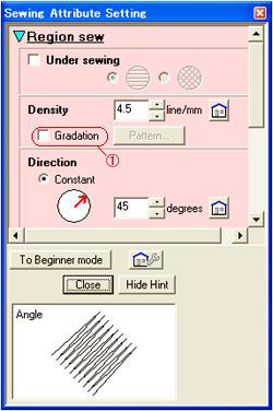 you select the Gradation check box in Expert mode of the Region sewing attribute dialog box in Design Center