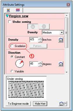 you select the Gradation check box in Expert mode of the Region sewing attribute dialog box in Design Center