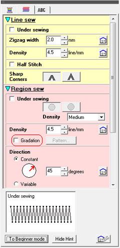In Expert mode of the Sewing Attribute Setting dialog box, select the Gradation check box under Region sew.