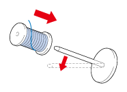 Insérez bien complètement la bobine de fil destinée à la canette sur le porte-bobine