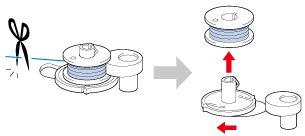 Cut the thread, slide the bobbin winder shaft to the left, and then remove the bobbin from the shaft