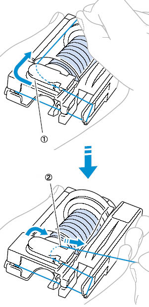 Pull the thread under the disc at the front in the lower-left corner and around to the right.