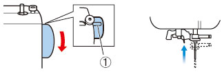 Zet de naald omhoog door het handwiel naar u toe te draaien (tegen de klok in) zodat de markering op het wiel omhoog staat.