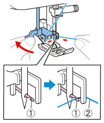 Haal de hendel van de naaldinrijger zo veel mogelijk omlaag en draai de hendel naar de achterkant van de machine (van u af).