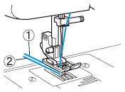 Trek ongeveer 5 cm (2 inch) van beide draden uit en haal deze naar de achterkant van de machine onder de persvoet.