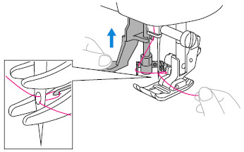 While lightly holding the thread, release the needle threader lever