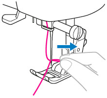 Raise the presser foot lever, and carefully pull out the end of the thread