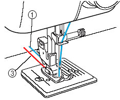 将面线和底线一起拉出15厘米（6英寸）左右，并将线头通过压脚下面拉向缝纫机后方。