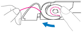 Führen Sie den Faden in Pfeilrichtung entlang dem Schlitz und belassen Sie ihn so, ohne ihn abzuschneiden