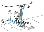 Trek ongeveer 10 cm (4 inches) van beide draden uit en haal deze naar de achterkant van de machine onder de persvoet.