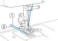 Tirez environ 10 cm (4’’) sur ces deux fils, puis placez-les vers l’arrière de la machine, sous le pied-de-biche.