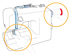 The handwheel toward you (counterclockwise) by hand to lower and then raise the needle