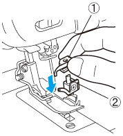 While holding the thread change assembly push the hole of the thread change assembly onto the upper end of the OL shaft so that the OL shaft passes through the hole.