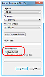 Clear the check mark in “Quick format” check box.